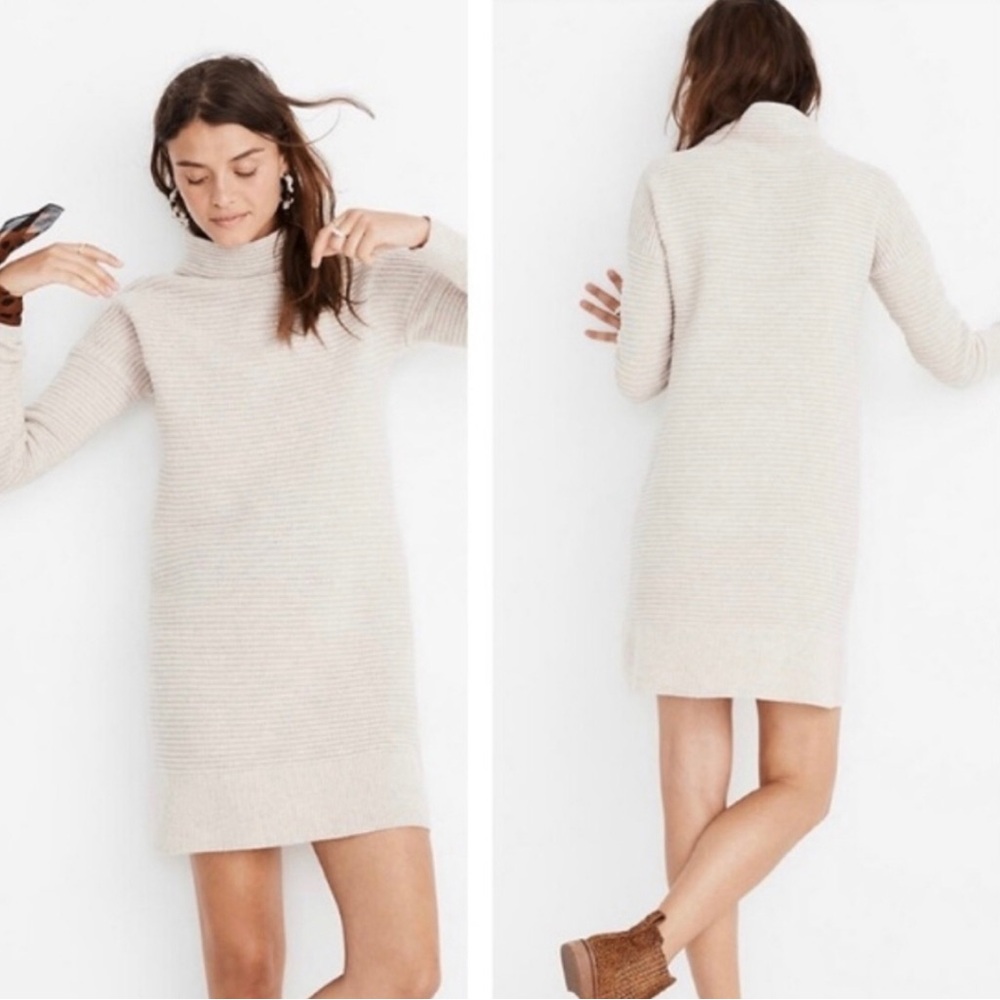 Madewell Cream Ribbed Turtleneck Knit Dress